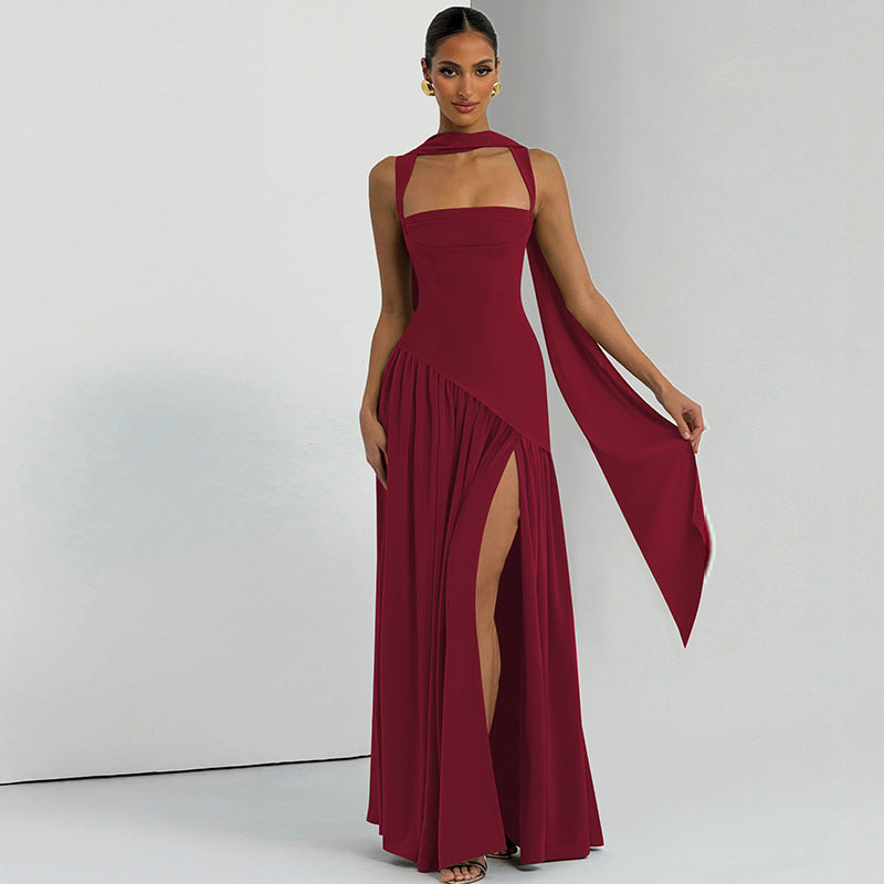 San Cristobal Camisole Slim Solid Color Split Ribbon Dress