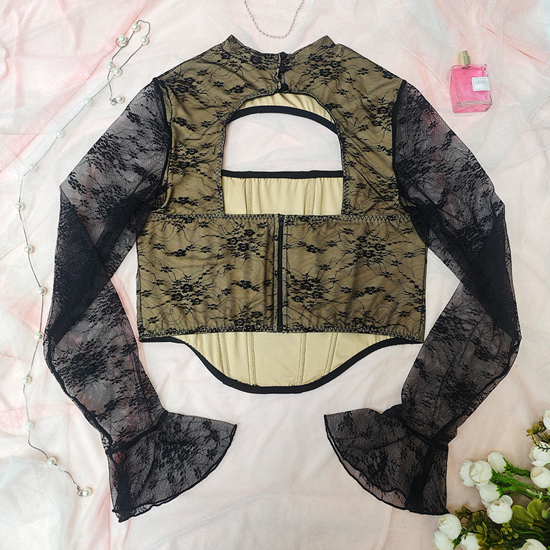 Plus Size Sexy Mesh Low Cut Steel Ring Boning Corset Long Sleeved Top Sexy Slim Lace Wome Clothing