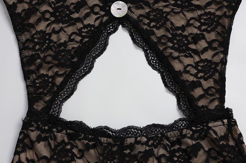 Women Clothing Sexy Lace Stitching Hollow Out Cutout out See through Girls One Piece Jumpsuit Horn Length