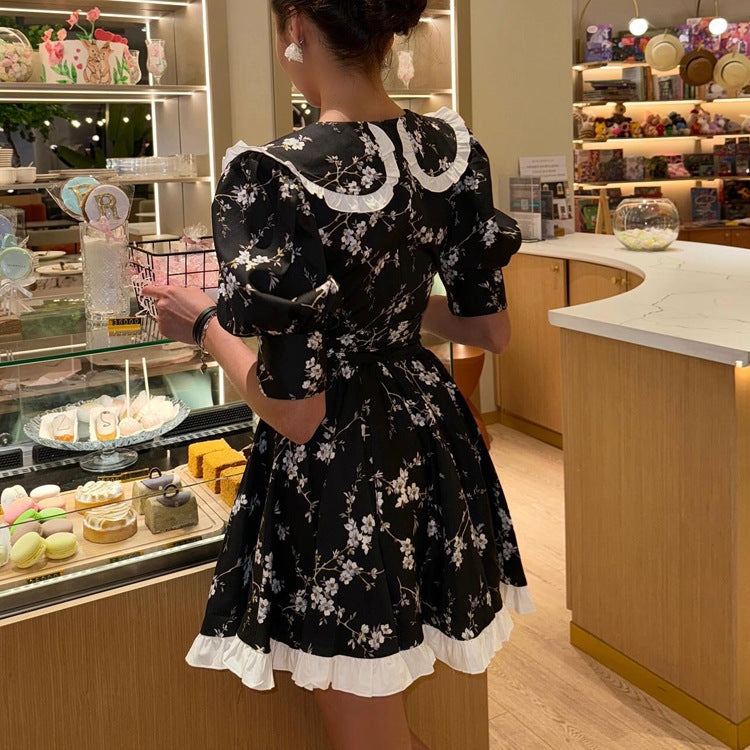 Agora Digital Printed Collar Puff Sleeve High Waist Contrast Color A line Dress