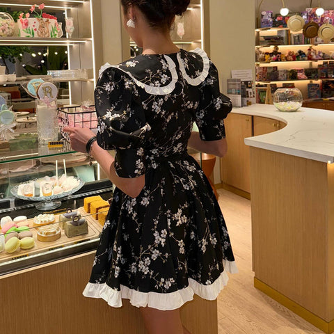 Agora Digital Printed Collar Puff Sleeve High Waist Contrast Color A line Dress