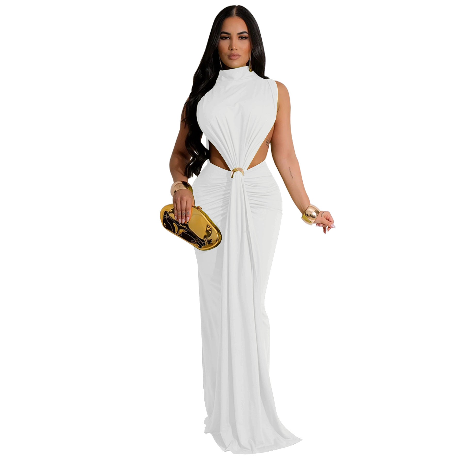 Georgia O-neck High Split Ruched Stacked Bodycon Midi Maxi Dress