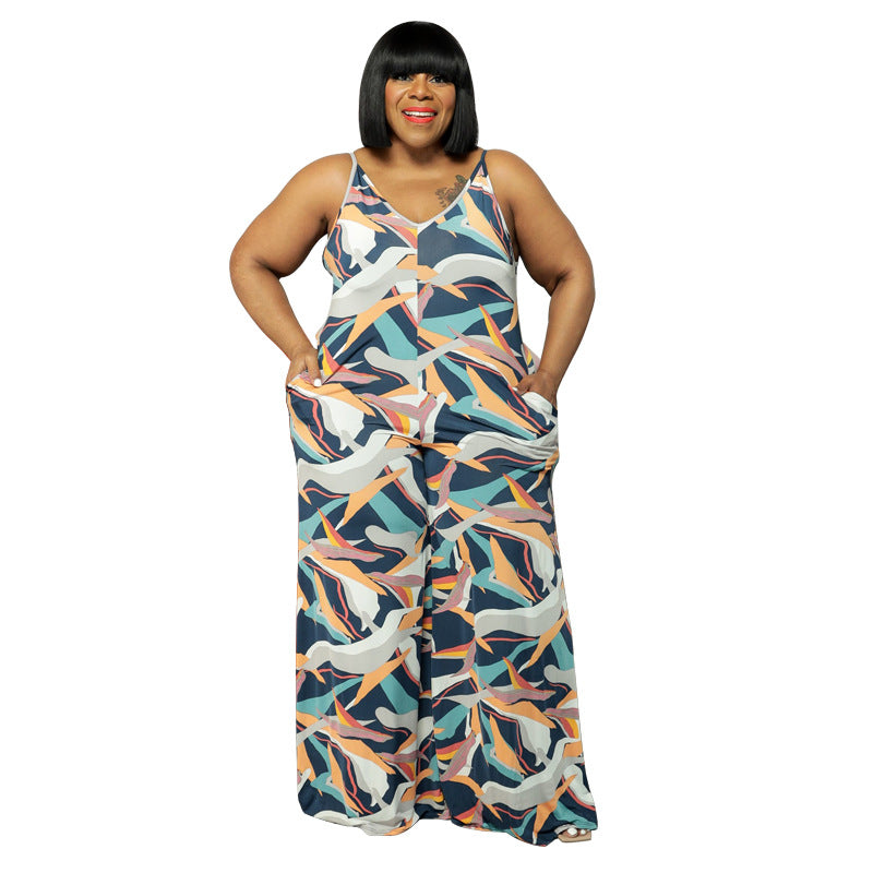 Plus Size New Arrival Jumpsuit Women Clothing Printed Sling Straight Loose Casual