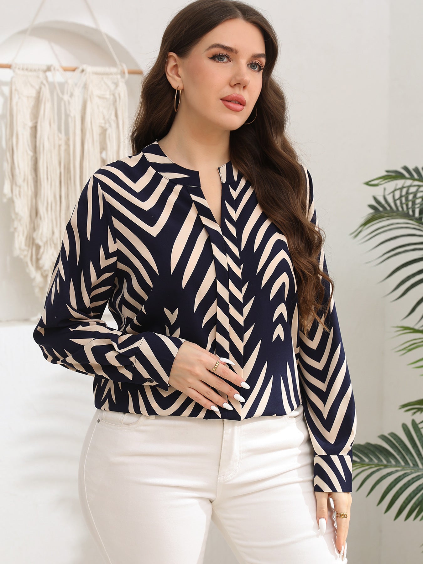 Retro Printed Long Sleeve Loose V neck