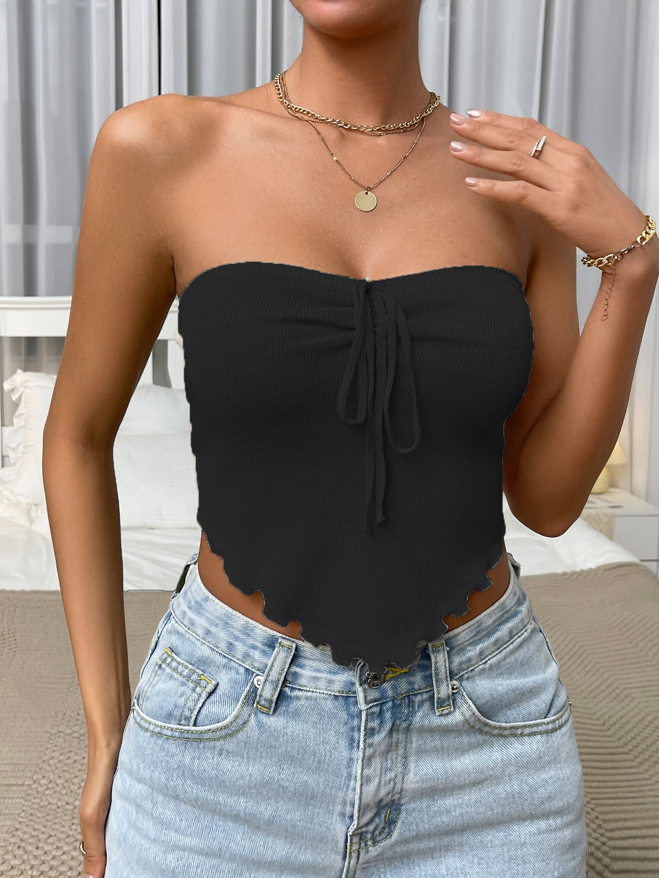 Summer Sexy Wooden Ear Halter Spaghetti Straps Two Way Wear Tank Top Women