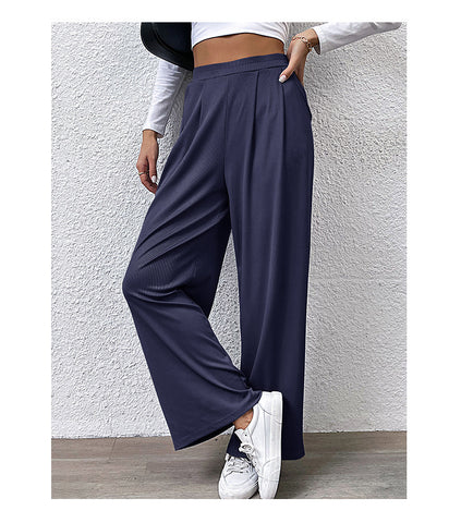 Fall Women Clothing Solid Color Rib Fabric Casual Wide Leg Pants