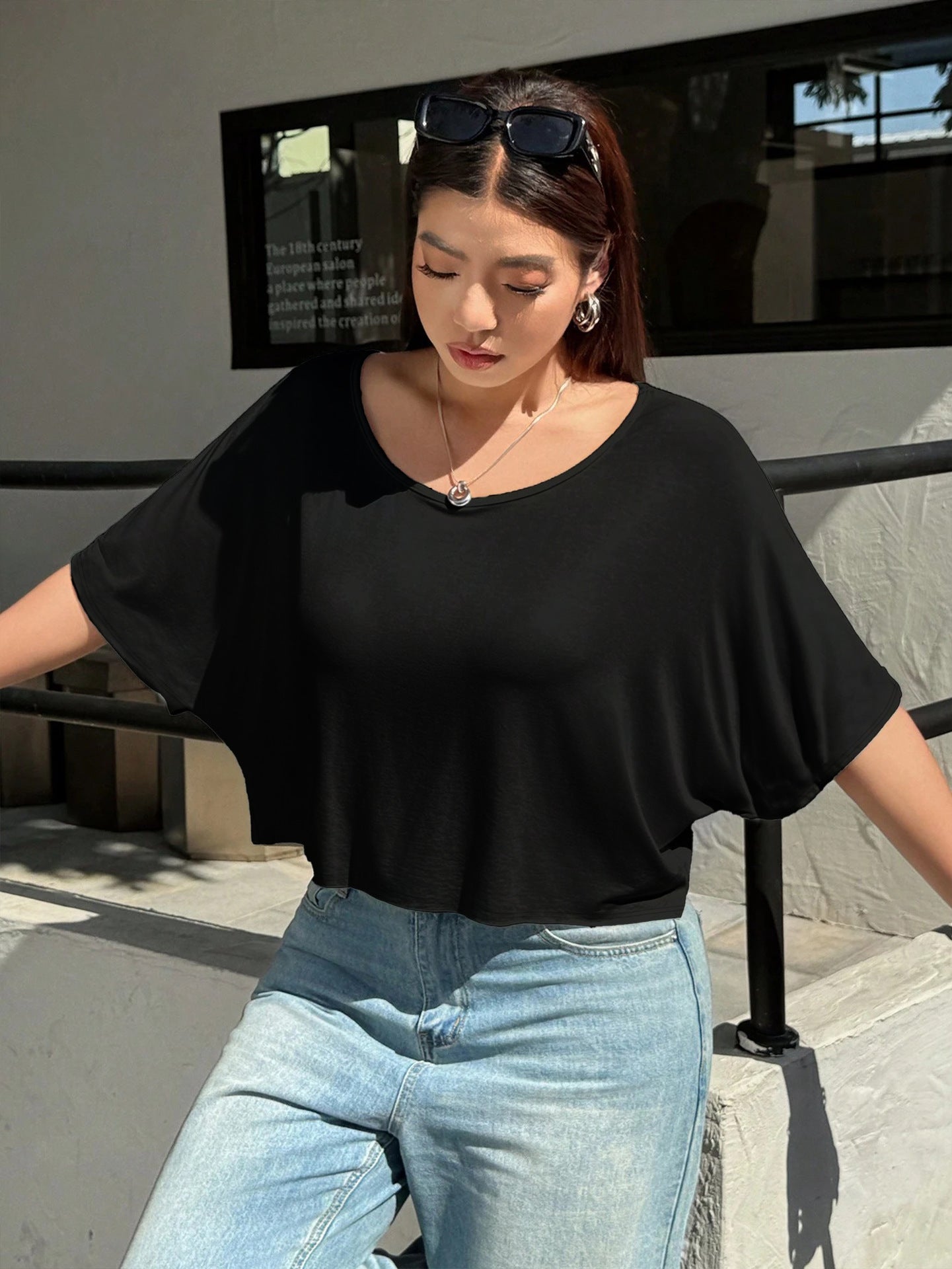 Plus Size Women Clothing Summer Loose Slimming Casual off Shoulder Half Sleeve T shirt