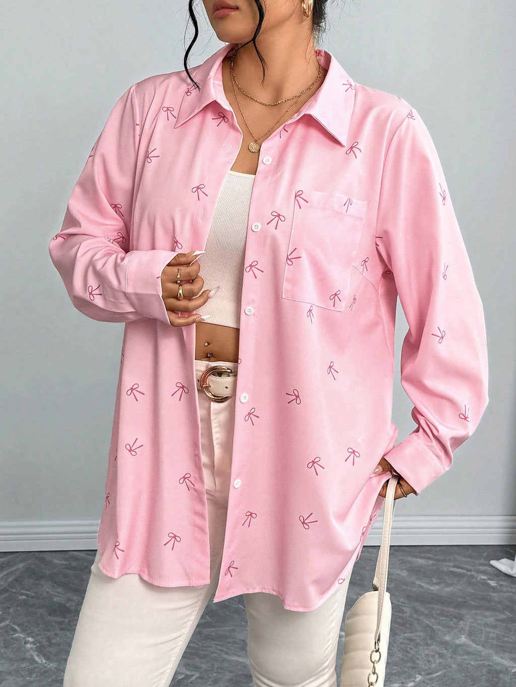 Plus Size Arrival Women Shacket Bow Print Long Sleeve Casual Shirt Autumn Loose