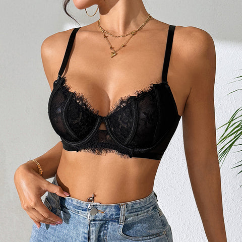 Black Sexy Lace Eyelash Steel Ring Bra