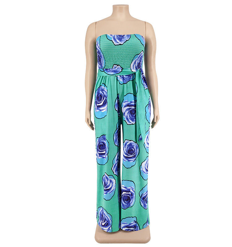 Plus Size Women Clothing Summer Smocking Cool Sleeveless Rose Tube Top Jumpsuit