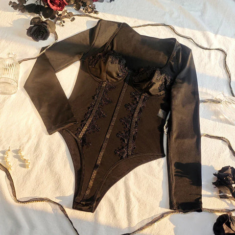 Laffayette Lace Stitching Black Boning Corset Sheer Long Sleeve Tops
