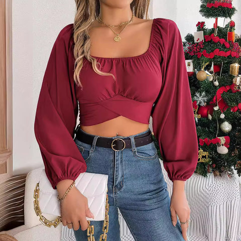 women Spring Casual Lantern Sleeve Waist Chiffon