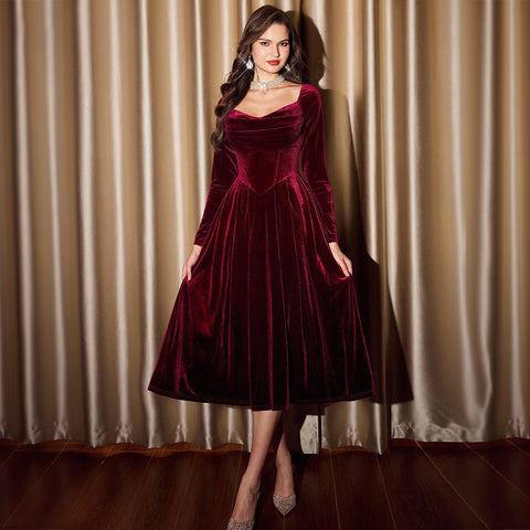 Hatillo French Romantic Tea Break Wine Red Velvet Square Collar Long Sleeve Dress