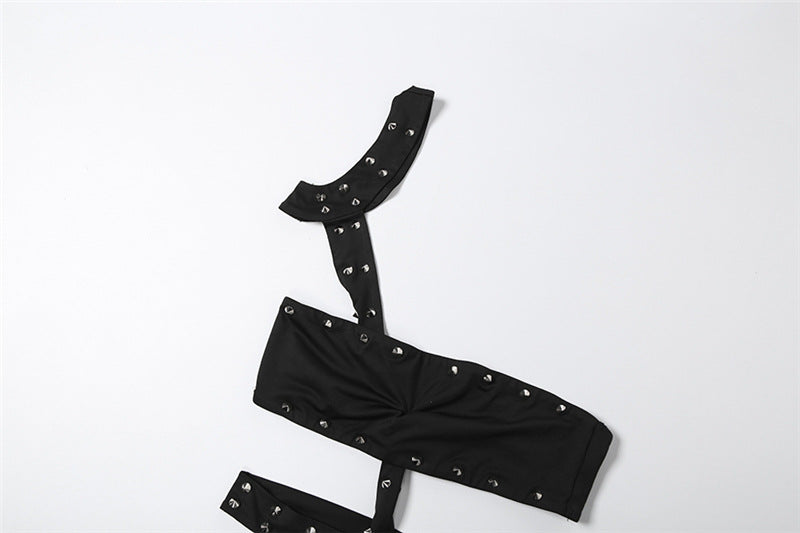 Spring Women's Trendy Unique Rivet Sexy Cutout Tight Five Point Jumpsuit
