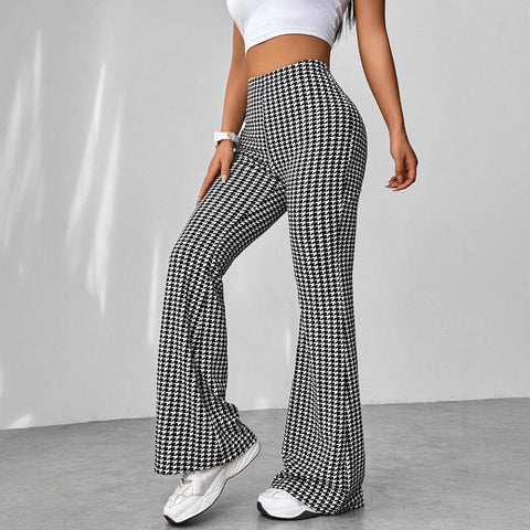 Retro Houndstooth High Waist Slim Mop Casual Bootcut Trousers