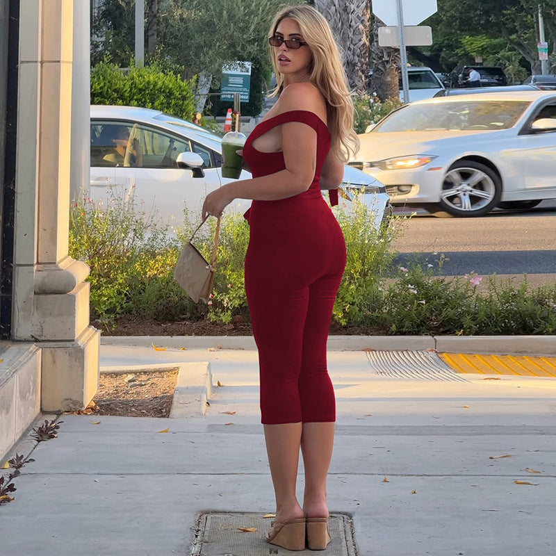 Summer Women Simple One Shoulder Cropped Pants Tied Slim Fit Jumpsuit