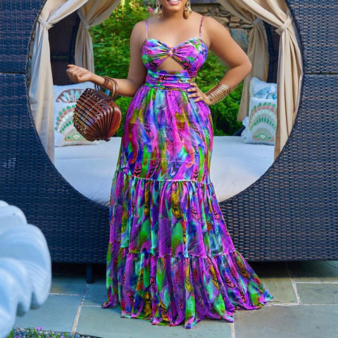 Aruba Sexy Strap Printed Sleeveless Backless Maxi Dress