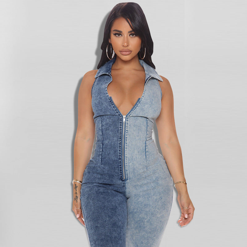 Plus Size Women Clothing Autumn New Color Matching Wash Sexy Denim Jumpsuit