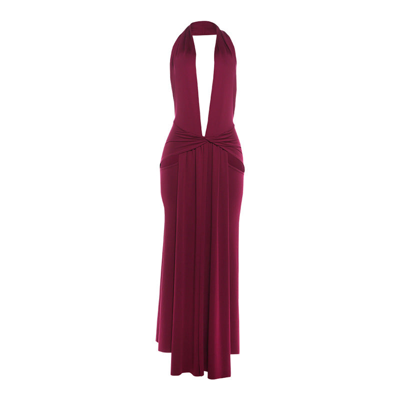 Ocoa Sexy Halter Deep V Plunge neck Backless Split Solid Color Dress