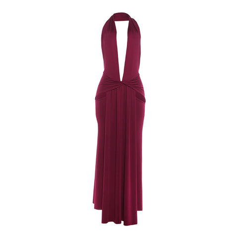 Ocoa Sexy Halter Deep V Plunge neck Backless Split Solid Color Dress