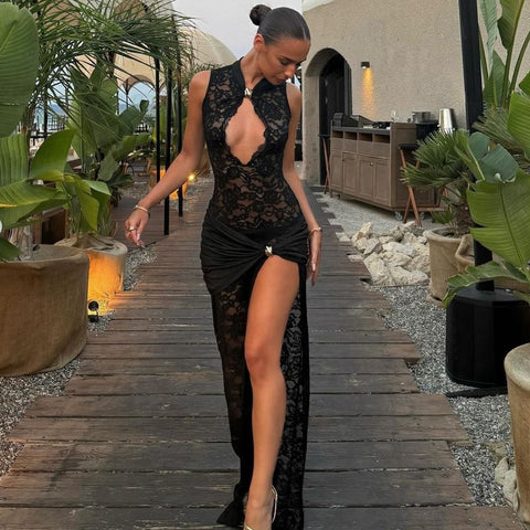 Kissimmee Arrival Sexy Lace Hollow Out Cutout High Slit Slim Sleeveless Dress