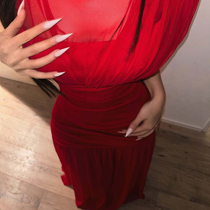 El Seibo Sexy Socialite Tight Waist Close Fitting Stitching Gauzy Hip Maxi Dress