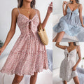 Morena Summer Floral Bow V-neck Ruffled Large Swing Dress Holiday Cami Dress