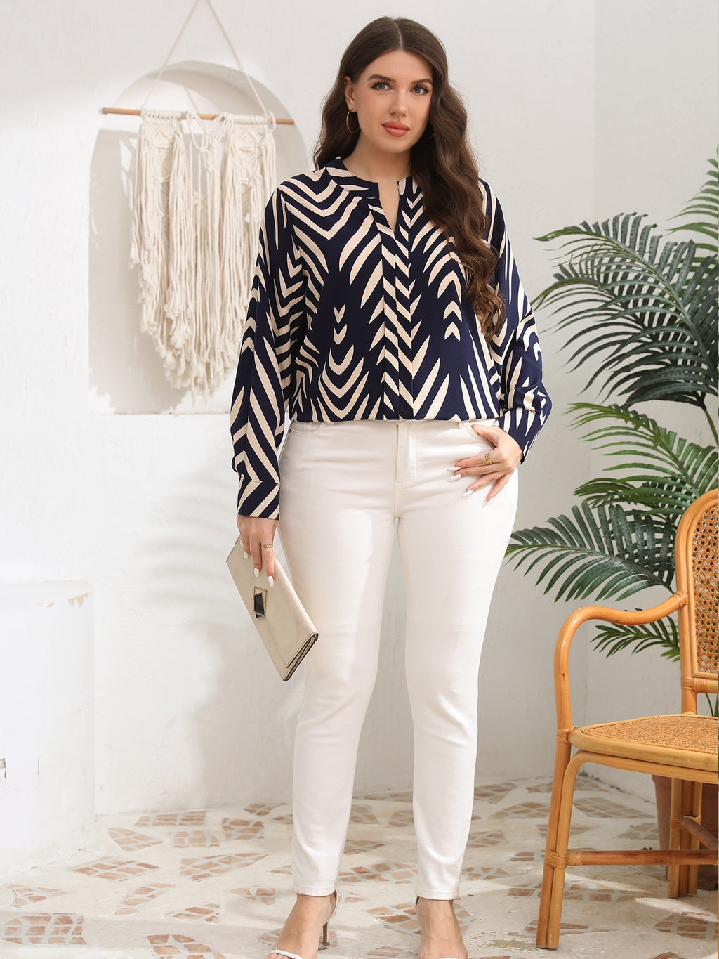 Retro Printed Long Sleeve Loose V neck