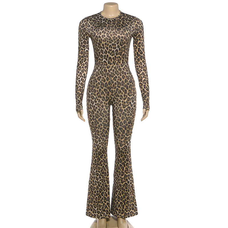 Spring Women Clothes Personality round Neck High Waist Slim Fit Backless Leopard Print Long Sleeve Jumpsuit Women