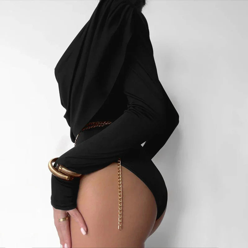 Monroe Sexy Solid Color Swing Collar Tight Long Sleeve Top