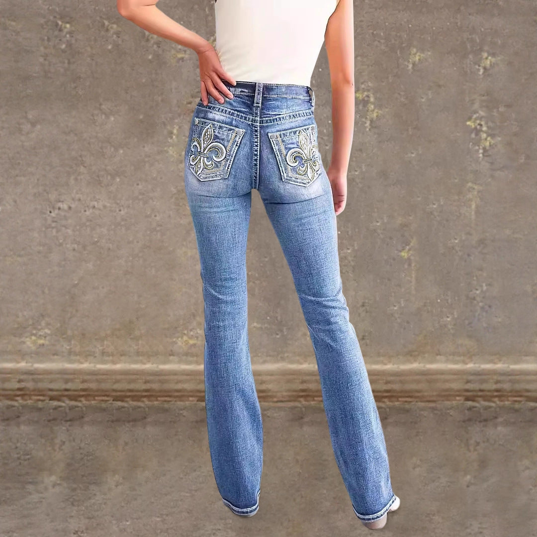 Spring Summer Back Pocket Embroidered Jeans Double Button Slimming Stretch Denim Trousers