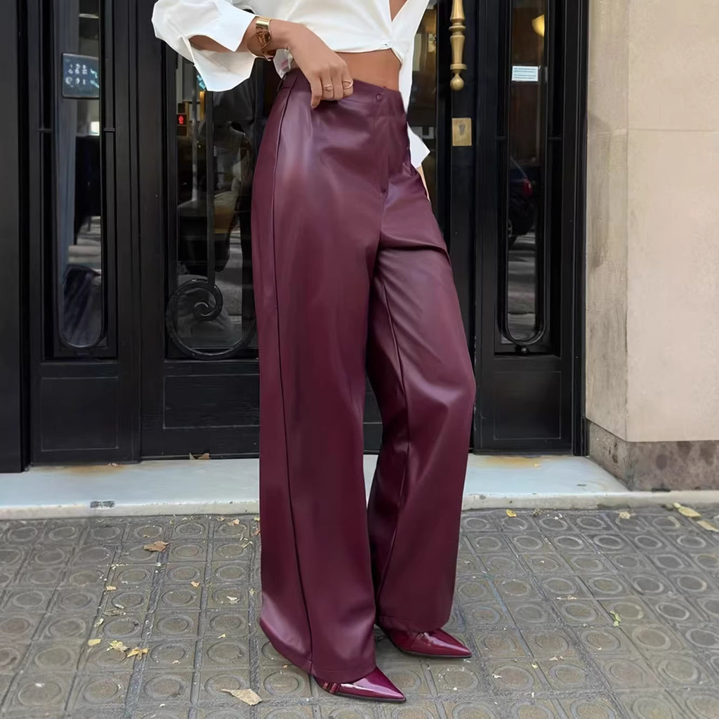 Leather Wide Leg Pants Women High Sense High Waist Suit Leather Pants Slimming Casual Pants