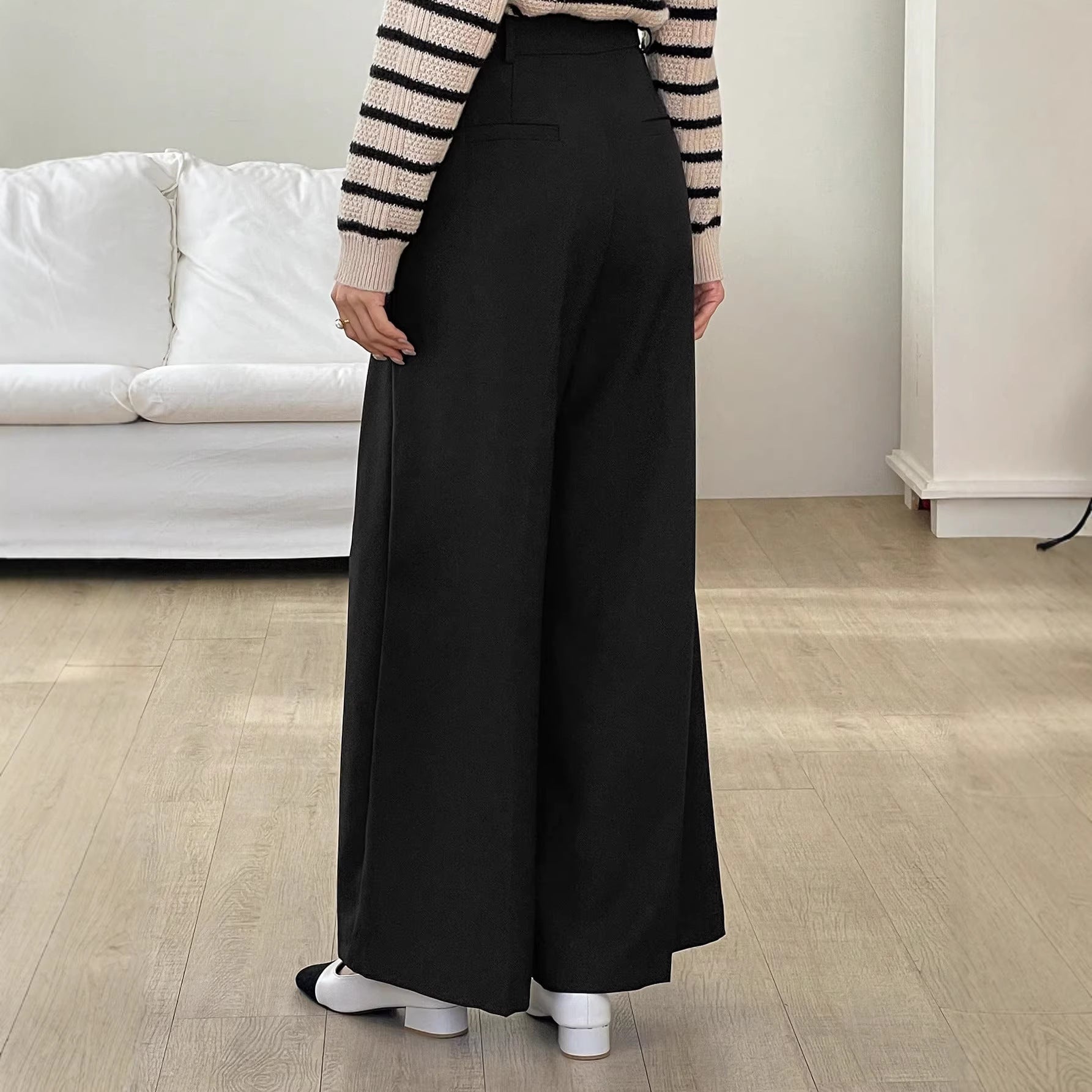 Straight High Waist Casual Women Work Pant Draping Small Wide Leg Design Maillard Black Pants