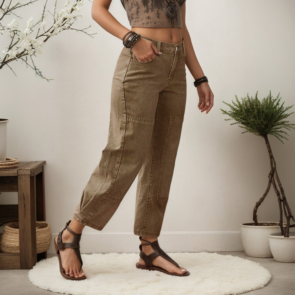 Women Barrel Jeans Wide Leg Loose Casual Cropped Jeans Dark Brown Denim