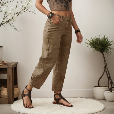 Women Barrel Jeans Wide Leg Loose Casual Cropped Jeans Dark Brown Denim
