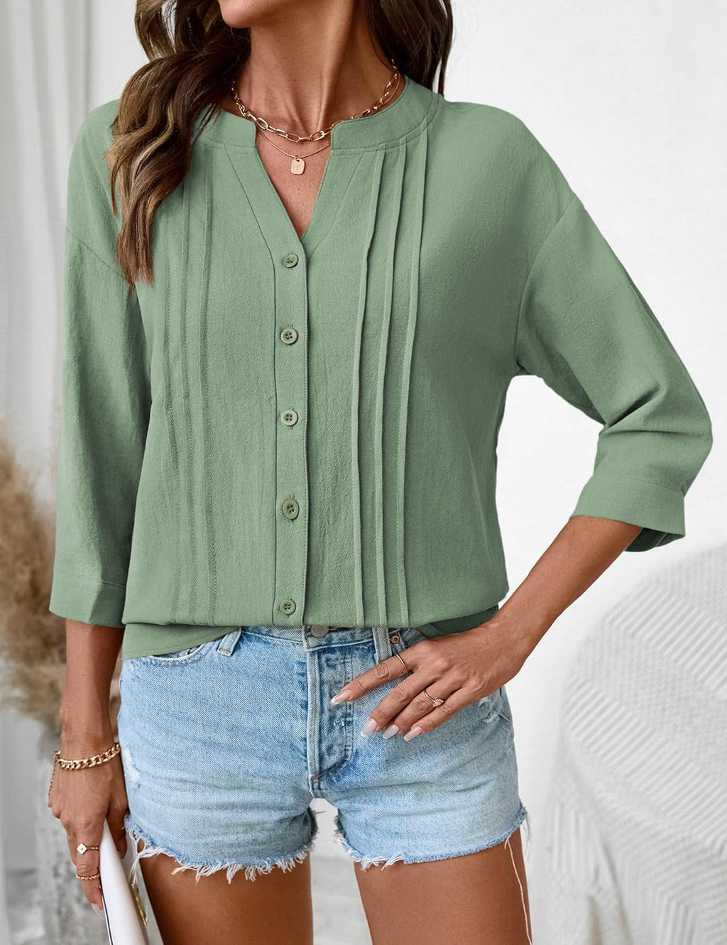 Casual Solid Color Half Open Collar Single Breasted Pleated Cropped Sleeve Top