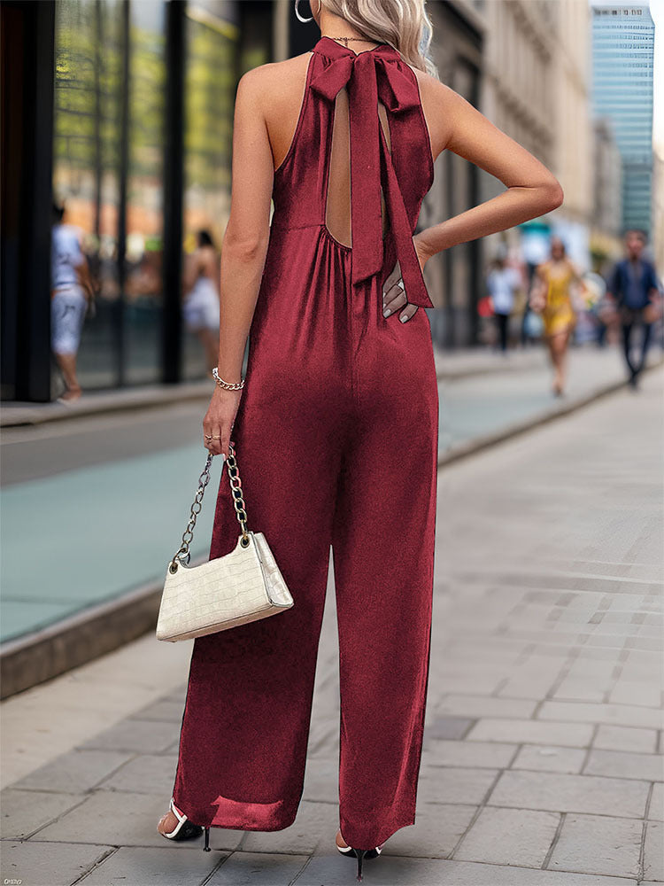Summer Women Halter Solid Color Straight Jumpsuit
