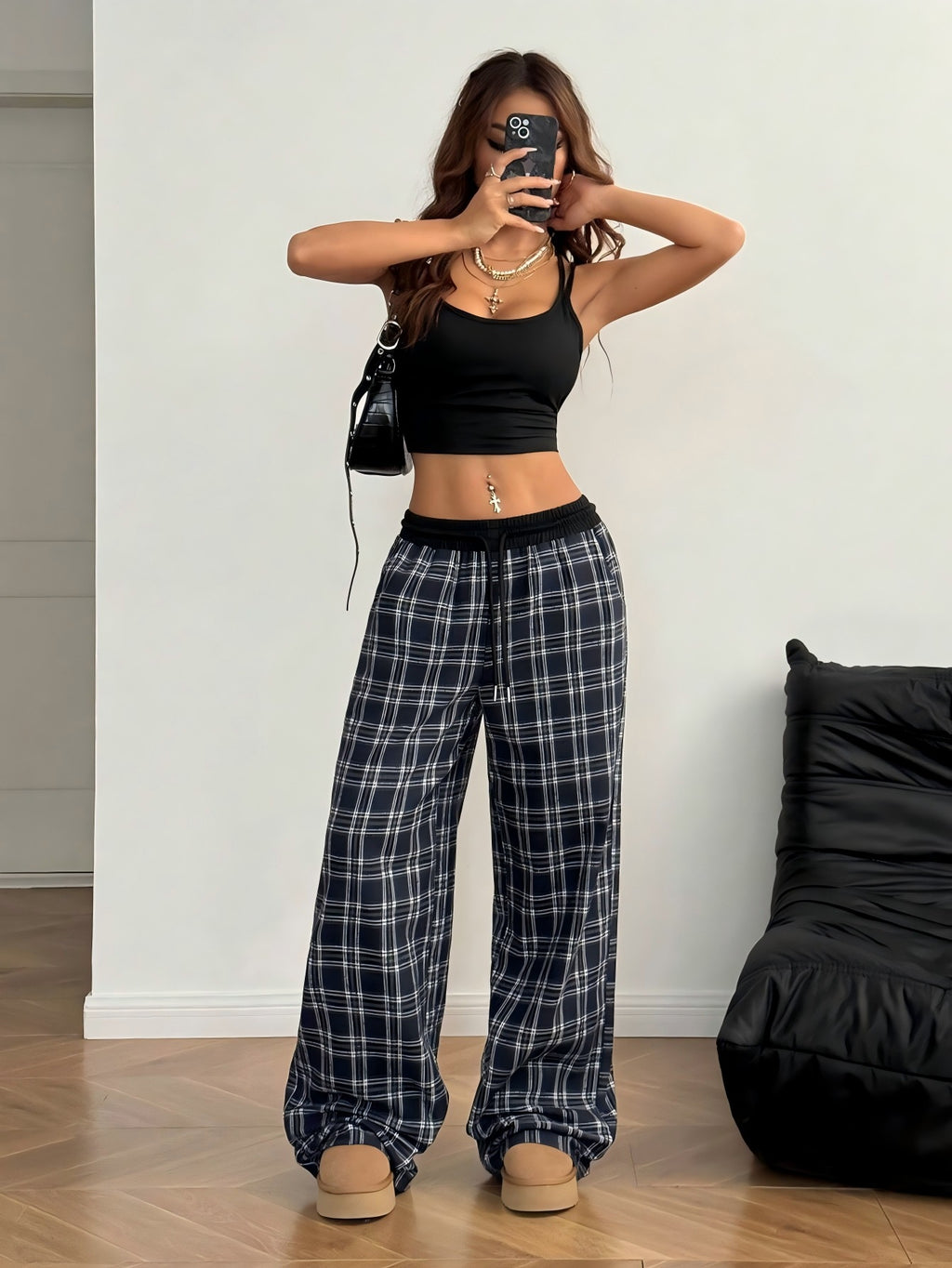 Autumn Winter Retro Loose Plaid Mid Waist Lace up Casual Wide Leg Pants