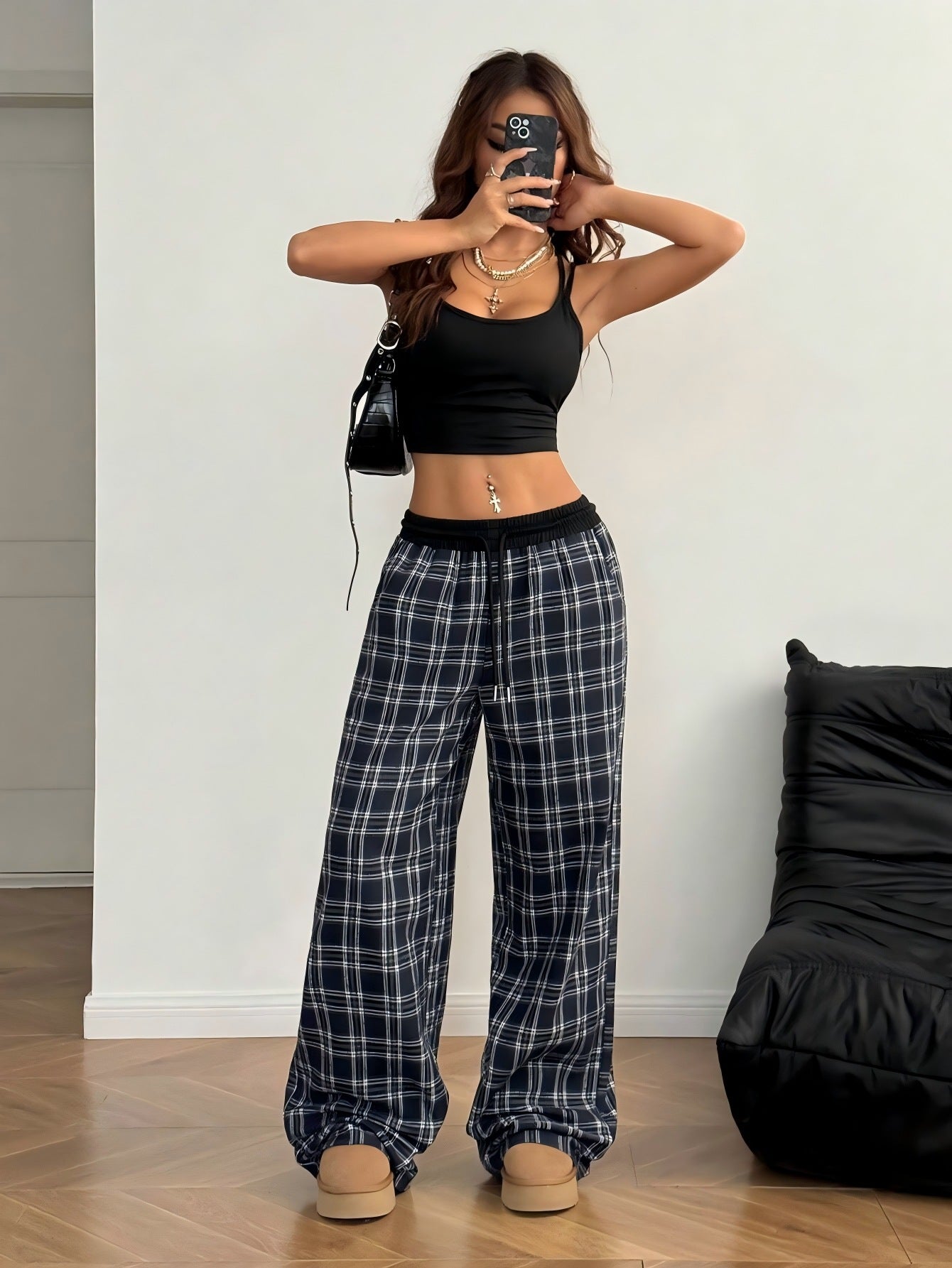 Autumn Winter Retro Loose Plaid Mid Waist Lace up Casual Wide Leg Pants