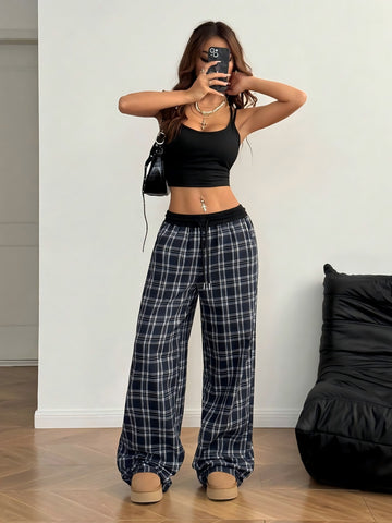 Autumn Winter Retro Loose Plaid Mid Waist Lace up Casual Wide Leg Pants