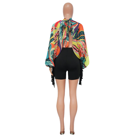 Women  Printing Batwing Sleeve