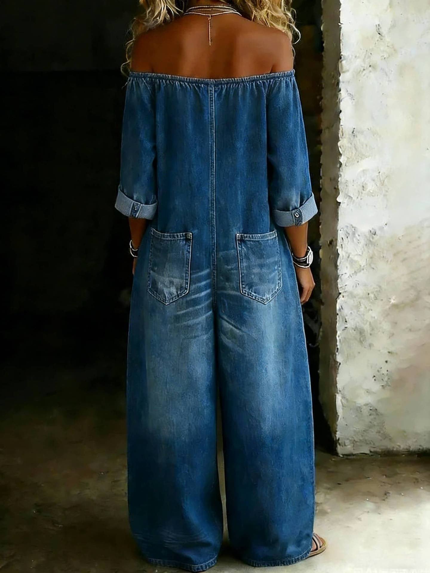 Spring Women Sexy Single Breasted off Shoulder Wash Imitation Denim Jumpsuit