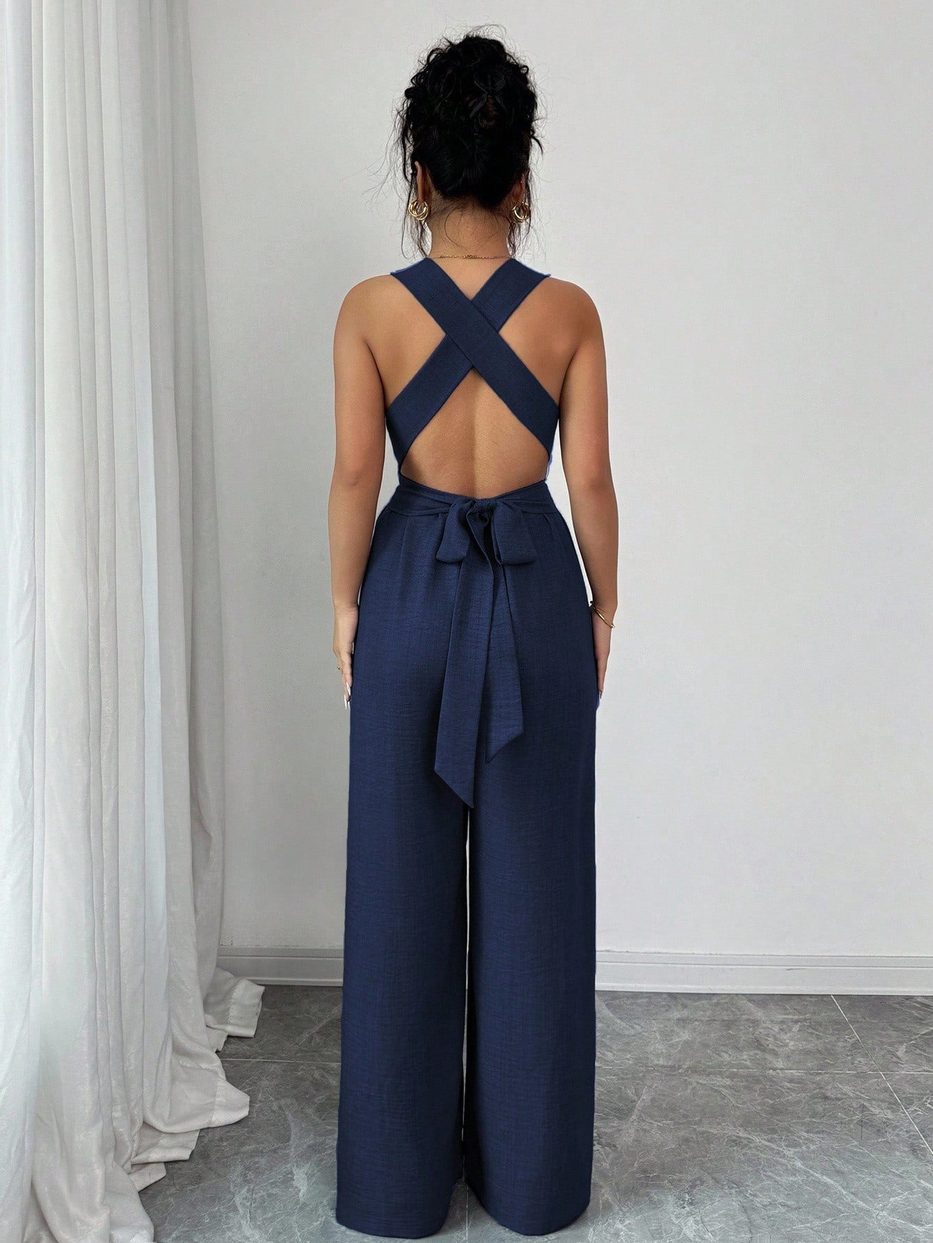 Women Clothing V neck Halter Backless Jumpsuit Waist Controlled Lace up Wide Leg Trousers Office Casual Slimming Jumpsuit