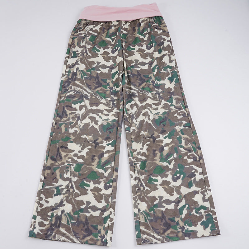 Retro Casual Camouflage Waist Contrast Color Trousers Women Street Sweet Spicy Loose Draggle Tail Straight Trousers