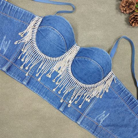 Slim Corset Stitching Rhinestone Tassel Beaded
