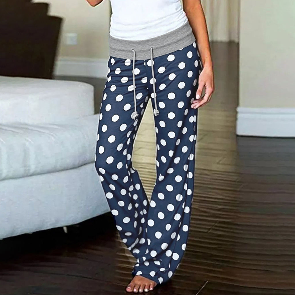 Idle Casual Trousers Polka Dot Print Contrast Color Lace up Loose Straight Walking Pants Comfortable Home Wear Pajama Pants