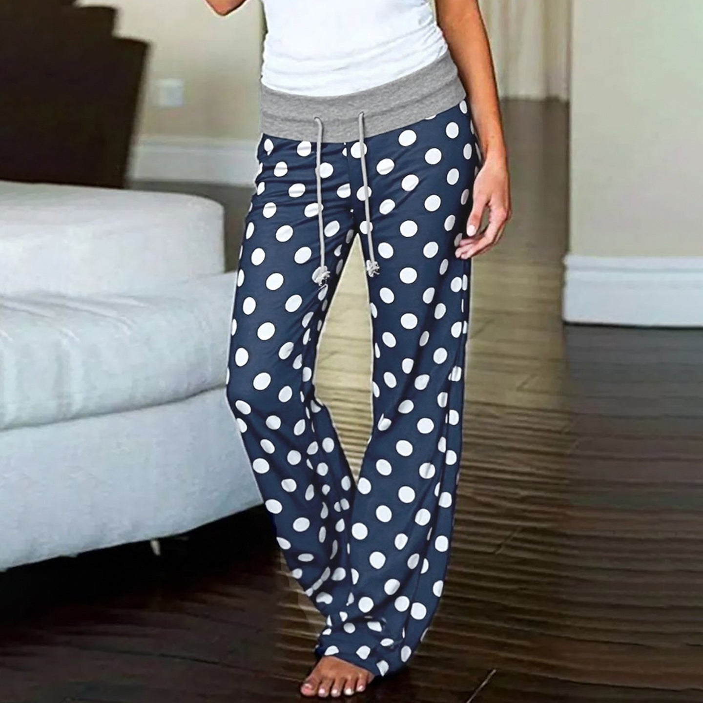 Idle Casual Trousers Polka Dot Print Contrast Color Lace up Loose Straight Walking Pants Comfortable Home Wear Pajama Pants