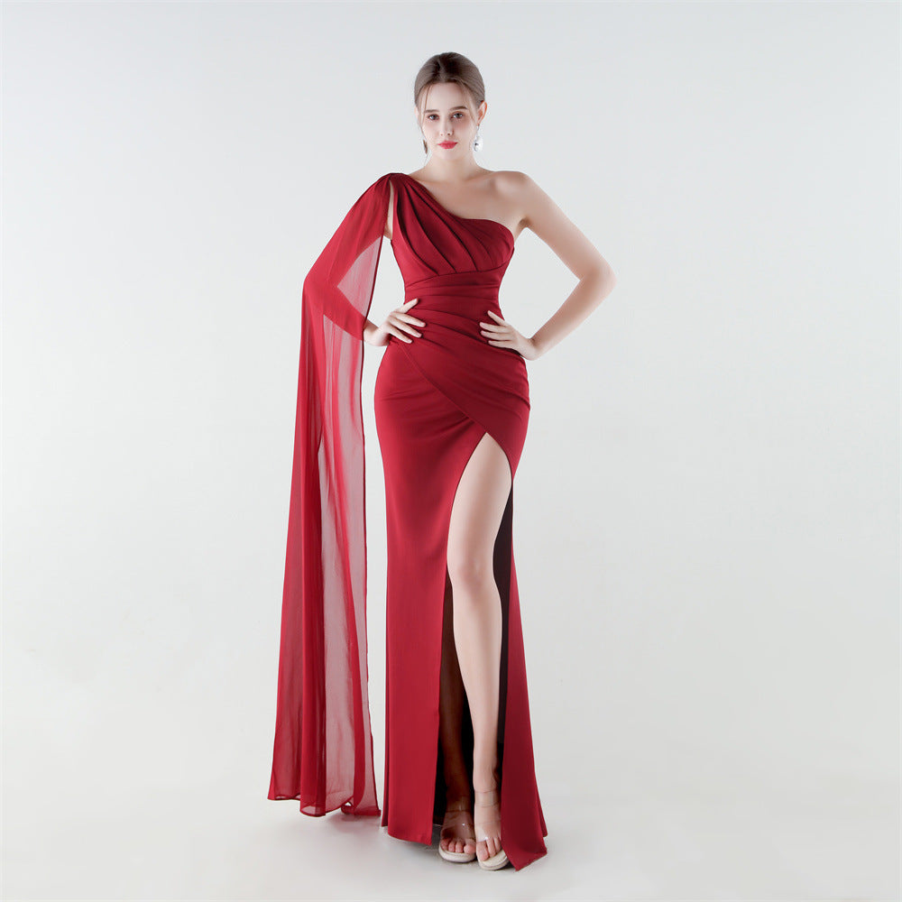 La Cienega Satin Chiffon One Shoulder Ribbon Fishtail High Slit Slim Evening Dress