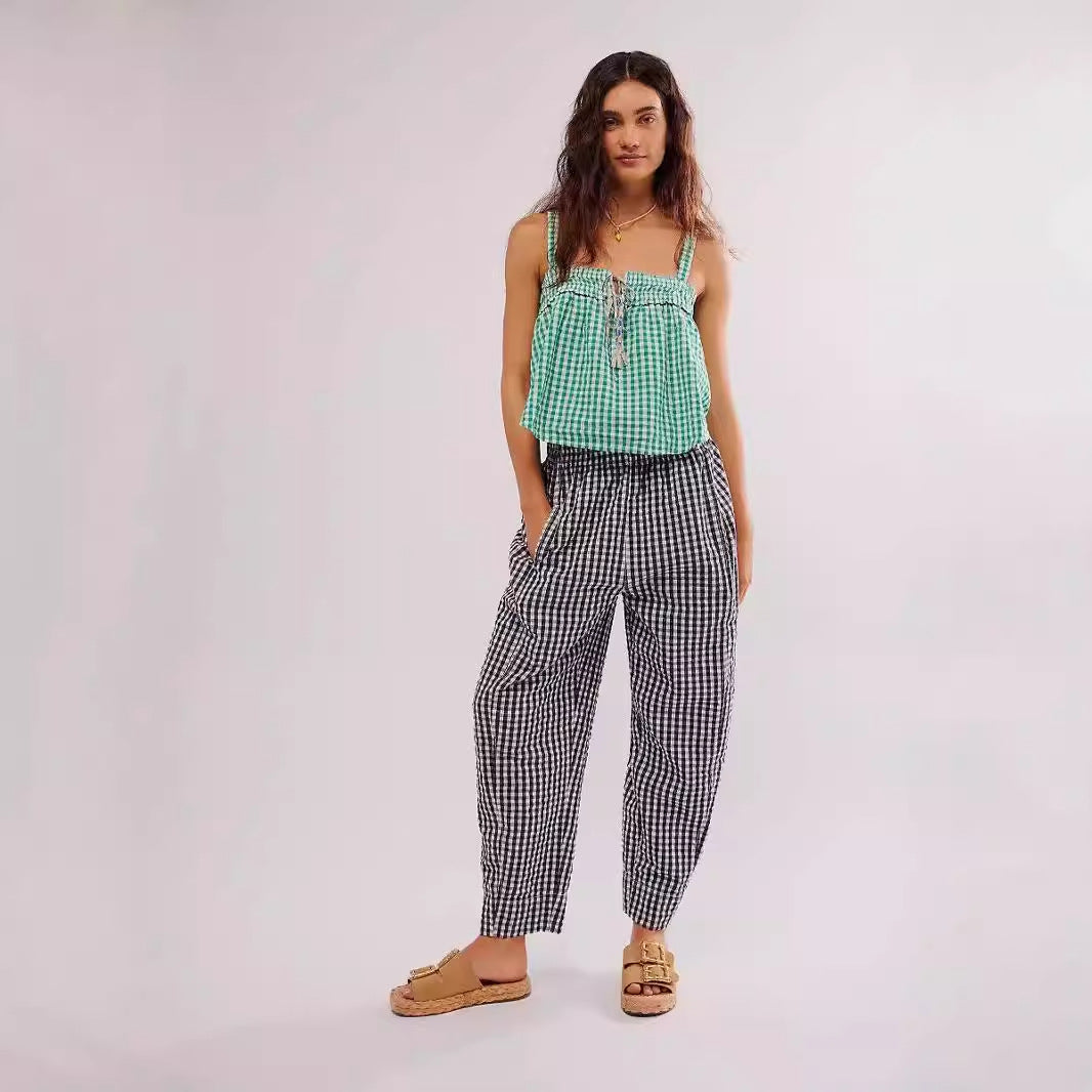 Plaid Straight Leg Pants Summer Women Thin High Waist Drooping Casual Walking Pants