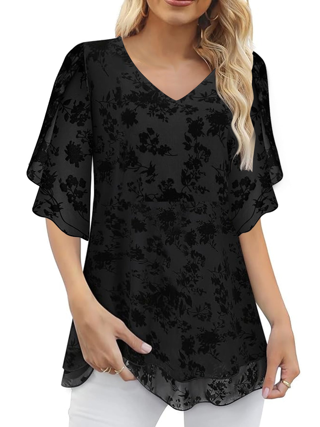 Double Layer Flocking Elastic Mesh Women Summer 3/4 Flare Sleeve Waist V neck Top